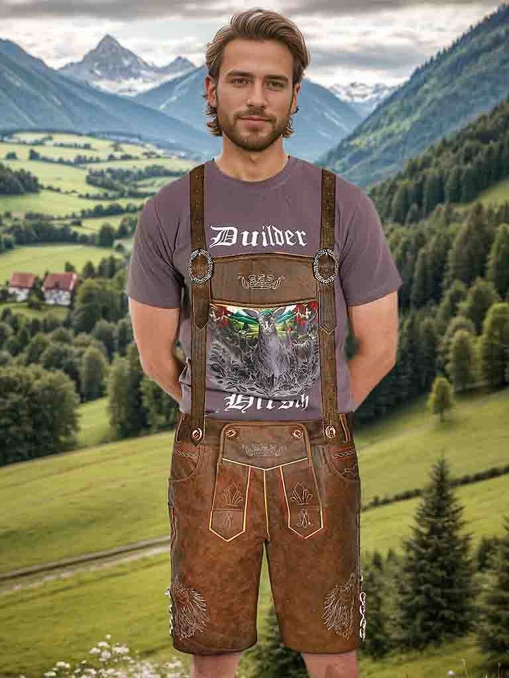 Oktoberfest Lederhosen Men Red Brown Leather German Traditional Outfit Bavarian